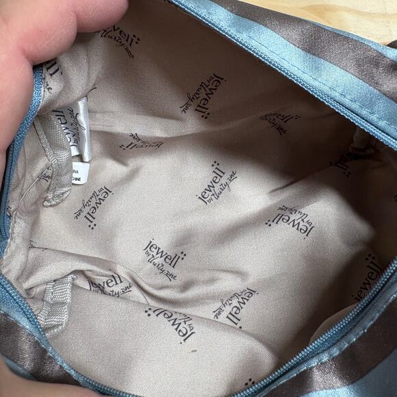 Jewell by Thirty One Uptown Mini Pouch Makeup Blue Black Stripe Zipper Shiny - Picture 7 of 10